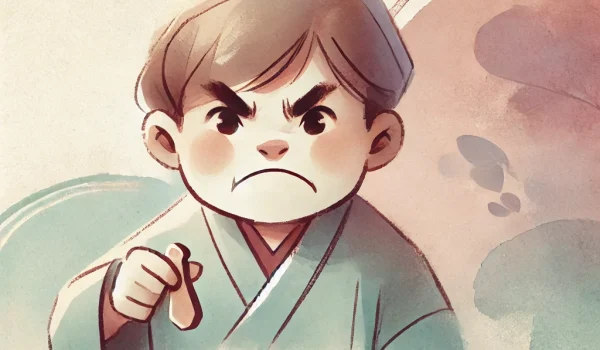 DALL·E 2025 03 22 23.59.22 A minimalistic and watercolor style illustration of an angry child playing a traditional game. The child has a frustrated expression gripping a woode
